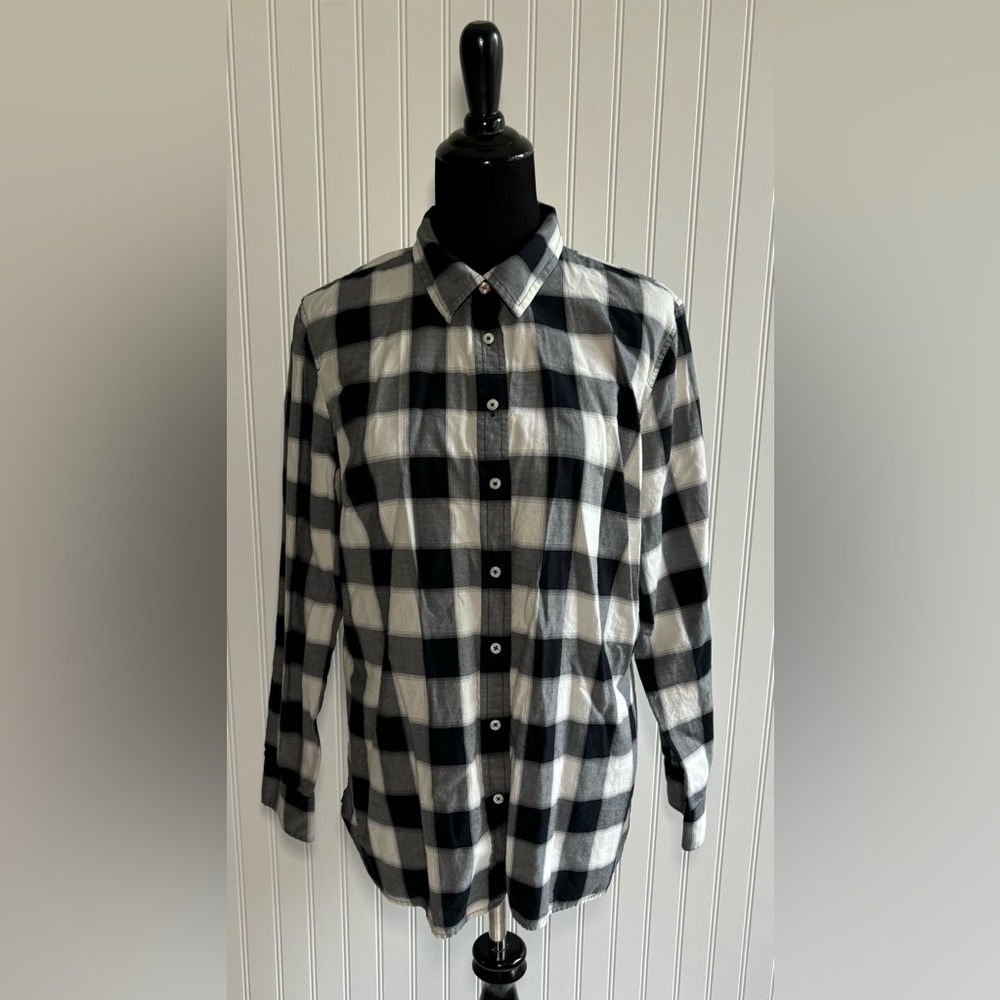 Talbots Buffalo Plaid Black White Button Down Shirt Size XL Cabincore Preppy